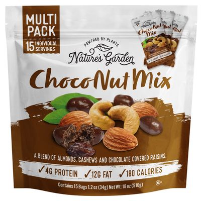 Nature&#39;s Garden Choco Nut Mix, Chocolate Covered Raisins, Nut Mix, Almonds, Cashews, Cholesterol Free, Sodium Free, No Artificial Ingredients - 1.2 Oz Bags (15 Individual Servings)