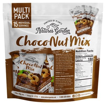 Nature's Garden Choco Nut Mix, Chocolate Covered Raisins, Nut Mix, Almonds, Cashews, Cholesterol Free, Sodium Free, No Artificial Ingredients - 1.2 Oz Bags (15 Individual Servings)