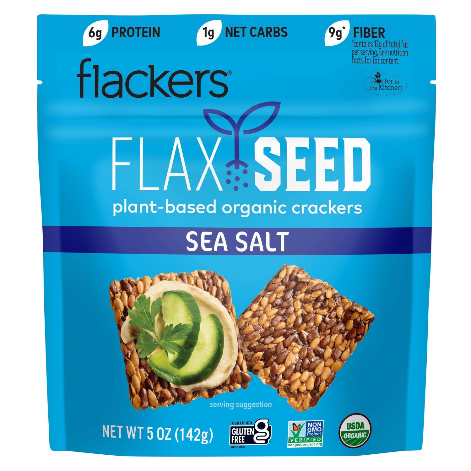 Flackers Organic Sea Salt Flaxseed Crackers, Gluten Free, Non GMO, Vegan, Keto Snack, 9g Fiber, 1g Net Carb, 5 Ounce 1-Pack