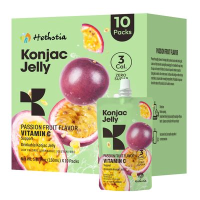 Hethstia Konjac Jelly Passion Fruit Squeeze Pouch, 10 Packs Drinkable Fruit Sweet Jelly, 3 Calories, Vitamin C, 0 Sugar, Keto, Vegan, Gluten-Free, Healthy Snacks, Healthy Food Gift
