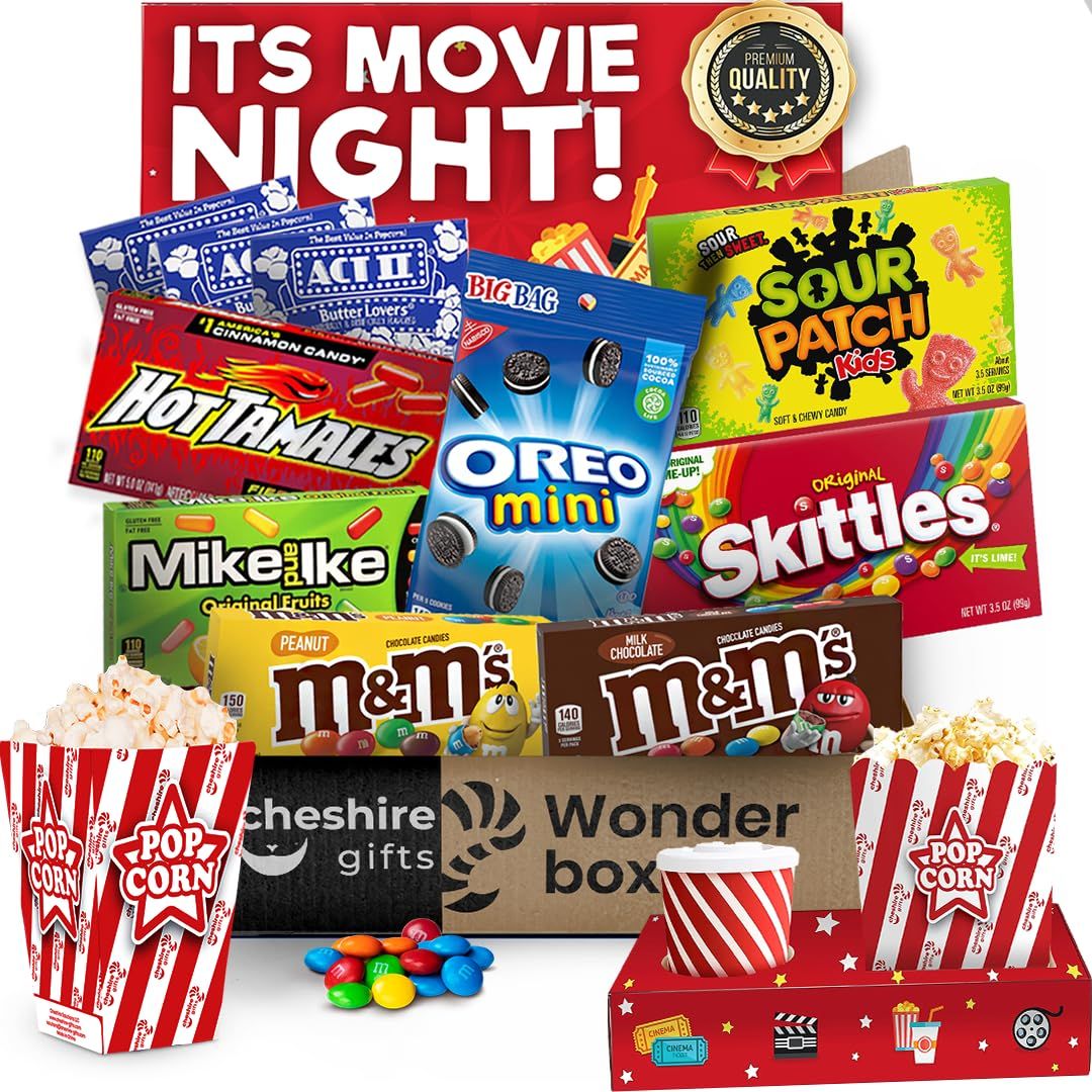Movie Night Basket Gift Set - with Candy Variety Pack, Movie Trays, Movie, Movie Snacks &amp; Popcorn Gift Set - Gift Baskets For Families by Cheshire Gifts