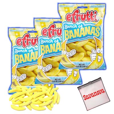 efrutti Bunch of Bananas Gummi Candy 3.5oz Bags, Banana Flavor Kids Snacks and Party With Savanova Resealable Pouch (Bananas) (Pack of 3)