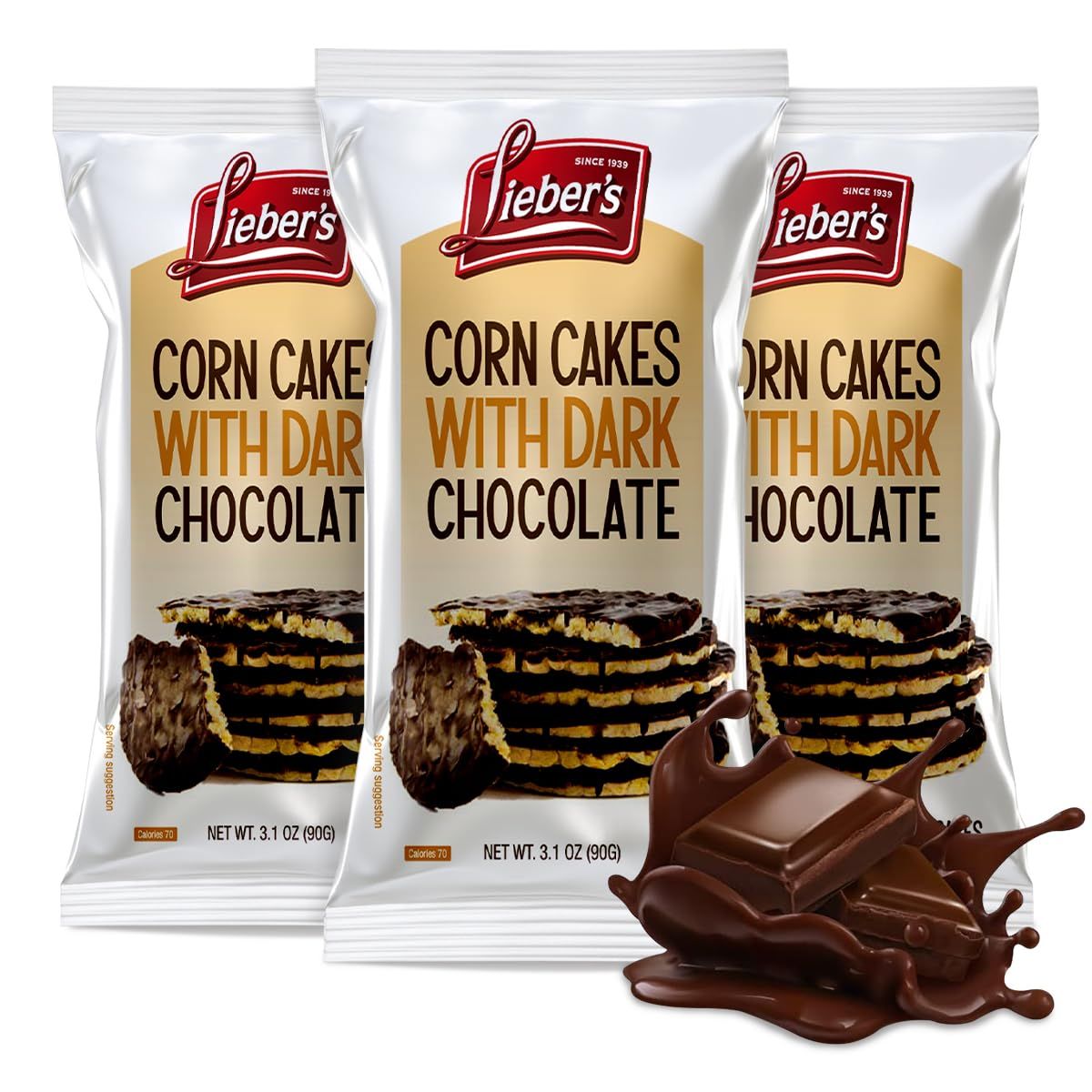 LEIBERS Dark Chocolate Coated Corn Cakes Snack pack - 3 Packs - 6 Cakes Per Pack (Total 18 Cakes) - Kosher Certified Dairy-Free