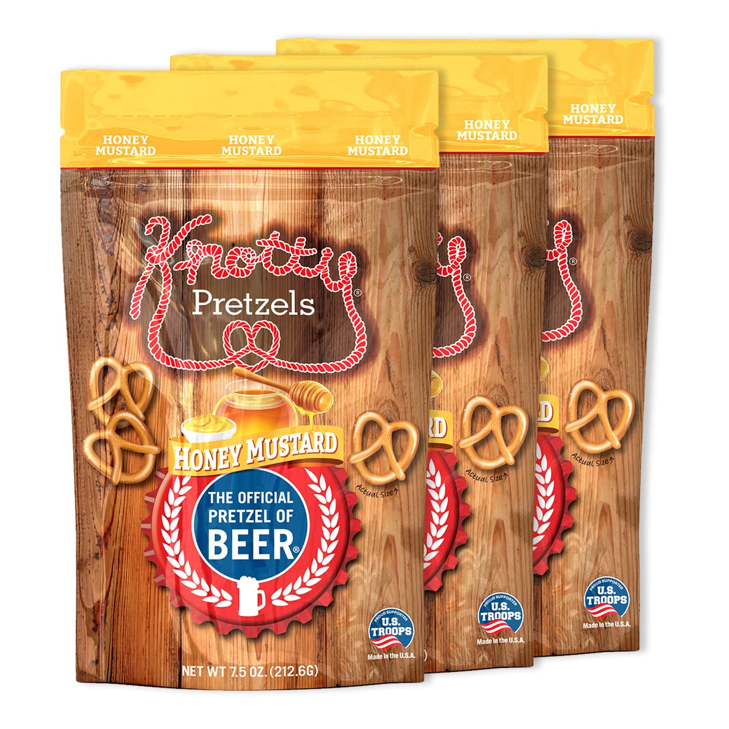 Knotty Pretzels - The Official Pretzel of Beer 7.5 Ounce Individual Seasoned Pretzel in Resealable Snack Bags - Honey Mustard (3 Pack)