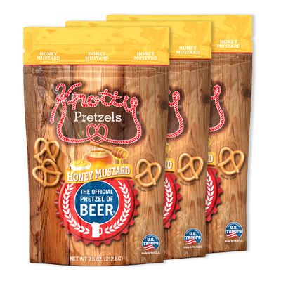 Knotty Pretzels - The Official Pretzel of Beer 7.5 Ounce Individual Seasoned Pretzel in Resealable Snack Bags - Honey Mustard (3 Pack)