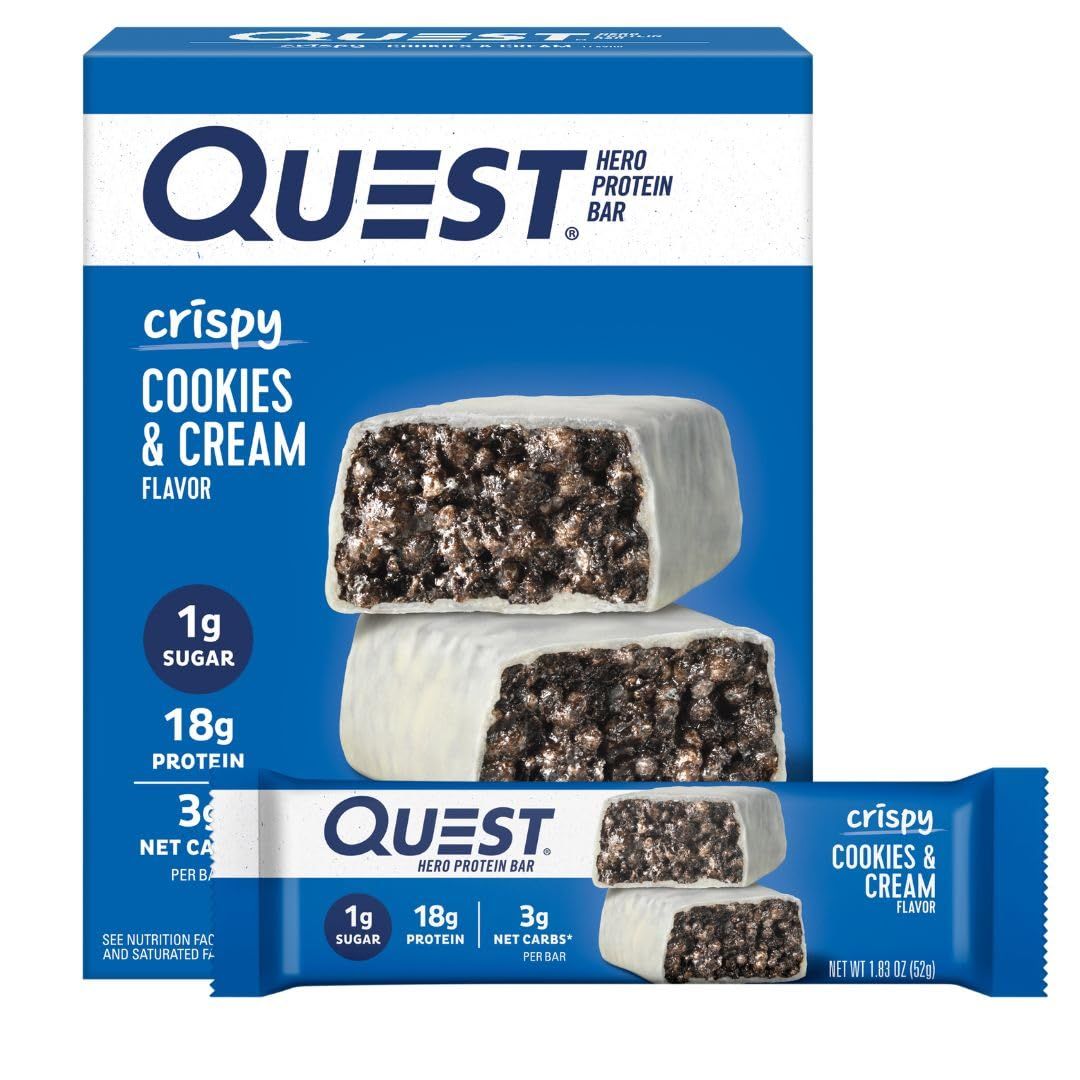 Quest Nutrition Crispy Cookies &amp; Cream Hero Protein Bar, 18g Protein, 1g Sugar, 3g Net Carb, Gluten Free, Keto Friendly, 12 Count