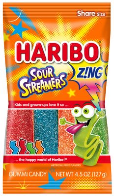 HARIBO Gummi Candy, ZNG Sour Streamers Gummy Candy, 4.5 Ounce Share Size Bags (Pack of 12) Delicious Soft &amp; Chewy Snacks, Assorted Fruity Flavors