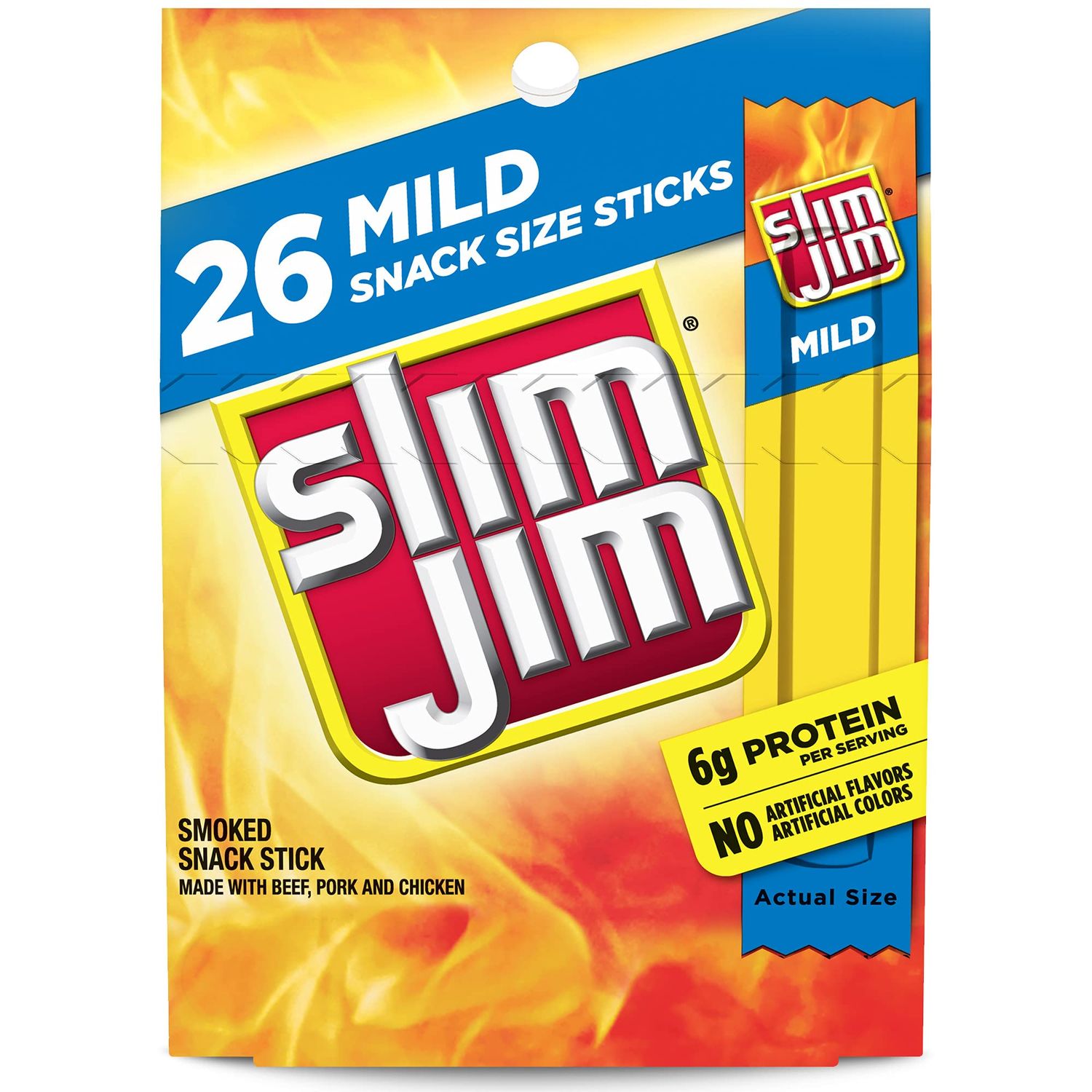Slim Jim Smoked Meat Sticks, Mild Flavor, 6g Protein Per Serving, Snack Size, 0.28 oz. (26 Count)