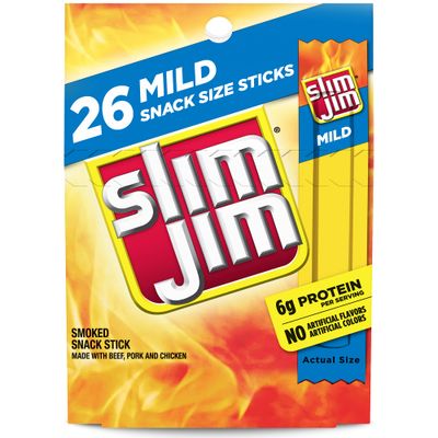 Slim Jim Smoked Meat Sticks, Mild Flavor, 6g Protein Per Serving, Snack Size, 0.28 oz. (26 Count)
