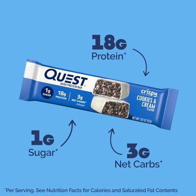 Quest Nutrition Crispy Cookies &amp; Cream Hero Protein Bar, 18g Protein, 1g Sugar, 3g Net Carb, Gluten Free, Keto Friendly, 4 Count