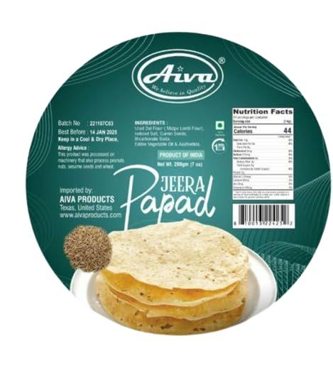 Aiva Pappadums (Indian Lentil Wafer Snack) Cumin Papad 200g (Pack of 3) | Authentic Indian Papadum | Lentil Crisp Snack | Healthy &amp; Delicious Appetizer | Easy to Cook &amp; Ready in Seconds