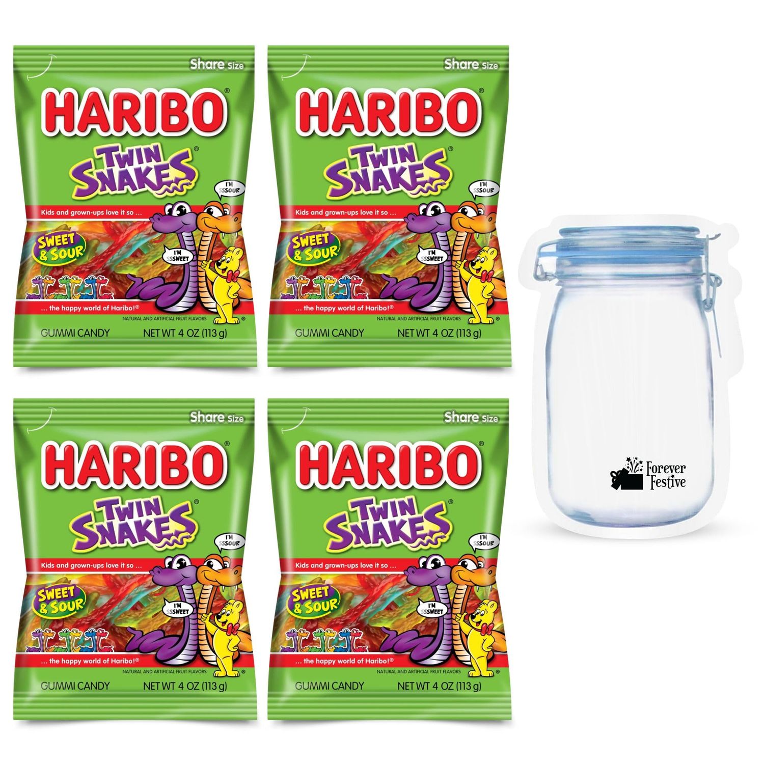 Gummy Candy Bundle. Includes Four-4 Oz Bags of Gummy Twin Snakes Plus Forever Festive Zip Bag. Sweet &amp; Sour Gummy Candy. Fun Gummy Gummies Chewy Candy for Kids &amp; All Great for Goodie Bags &amp; Snacks