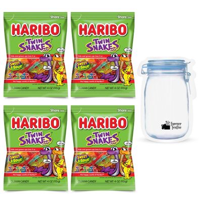 Gummy Candy Bundle. Includes Four-4 Oz Bags of Gummy Twin Snakes Plus Forever Festive Zip Bag. Sweet &amp; Sour Gummy Candy. Fun Gummy Gummies Chewy Candy for Kids &amp; All Great for Goodie Bags &amp; Snacks