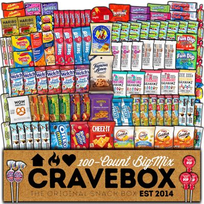CRAVEBOX Snack Box (100 Count) Valentines Day Variety Pack Care Package Gift Basket Adult Kid Guy Girl Women Men Birthday College Student Office College Back to School
