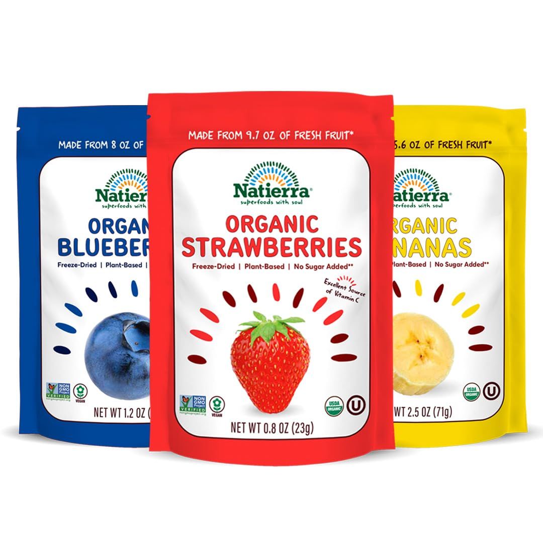 NATIERRA Organic Freeze-Dried Blueberries, Bananas &amp; Strawberries | USDA Organic, Non-GMO &amp; Vegan, Gluten Free, No Additives, No Sugar Added | Variety Pack (Pack of 3)