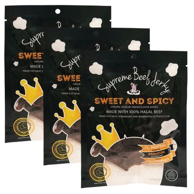 Supreme Beef Jerky, Halal Beef Jerky, Zabiha Halal Certified Beef, Handcrafted Gourmet Meat Snacks, 2.5 oz, Sweet &amp; Spicy, 2.5 Ounce B2G1 3-Pack