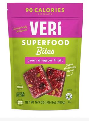 Veri Superfood Bites, Cran Dragon Fruit, 90 Calories per Serving, 16.9 oz (1.06 lbs), Vegan, Individually Wrapped, Sweet Chocolatey Layer