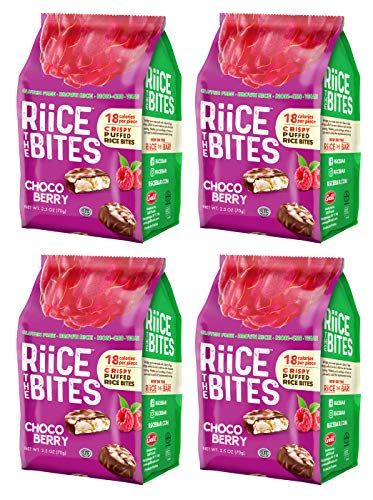 RiiCE THE BITES Puffed Brown Rice Bites Pack of 4 - Kosher, Vegan, Non-GMO, Chocolate Coated Gluten-Free, Nut-Free Snack Bites - Low Calorie Snack (Dark Chocolate Raspberry)