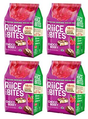 RiiCE THE BITES Puffed Brown Rice Bites Pack of 4 - Kosher, Vegan, Non-GMO, Chocolate Coated Gluten-Free, Nut-Free Snack Bites - Low Calorie Snack (Dark Chocolate Raspberry)