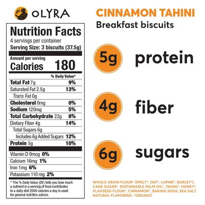 Olyra Breakfast Biscuits Cinnamon Tahini | Kids Healthy Snacks | Low Sugar, High Fiber, Plant-Based Protein | Breakfast Cookies 4 Count (Pack of 1)