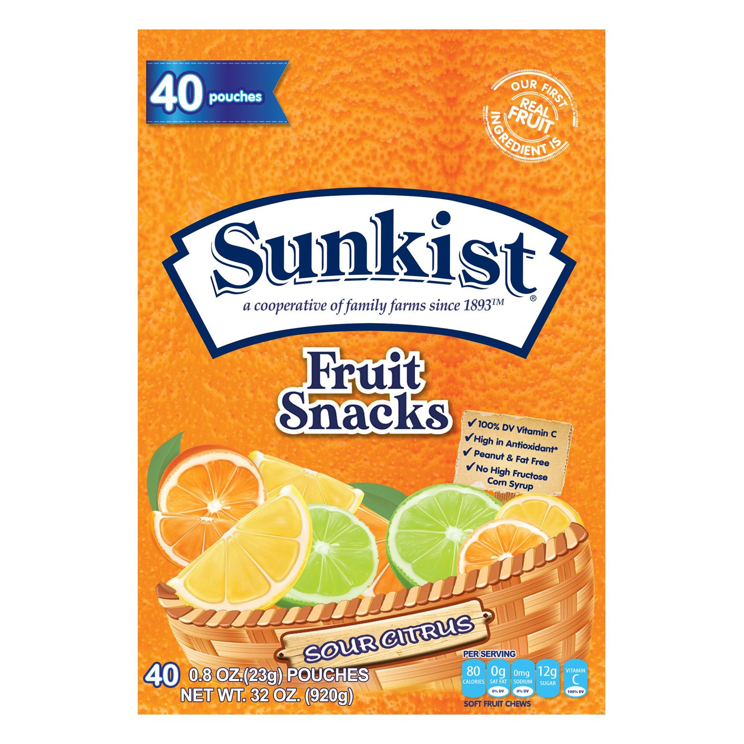 Sour Citrus - Peanut, Fat, High Fructose Corn Syrup Free Mixed Fruit Gummies Box - Fruit Snacks with Mixed Berry Flavors - Juicy Fruit Gummy Candy Bulk by Kervan (40 Pouches)