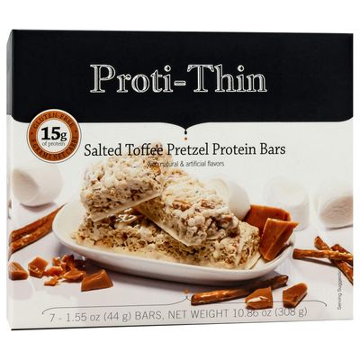 Proti-Thin Salted Toffee Pretzel Protein Bars, 15g Protein, Low Calorie, Very Low Carb (VLC), Low Fat, High Fiber Snack Bar, KETO Diet Friendly, Ideal Protein Compatible, No Gluten Ingredients, 7Box