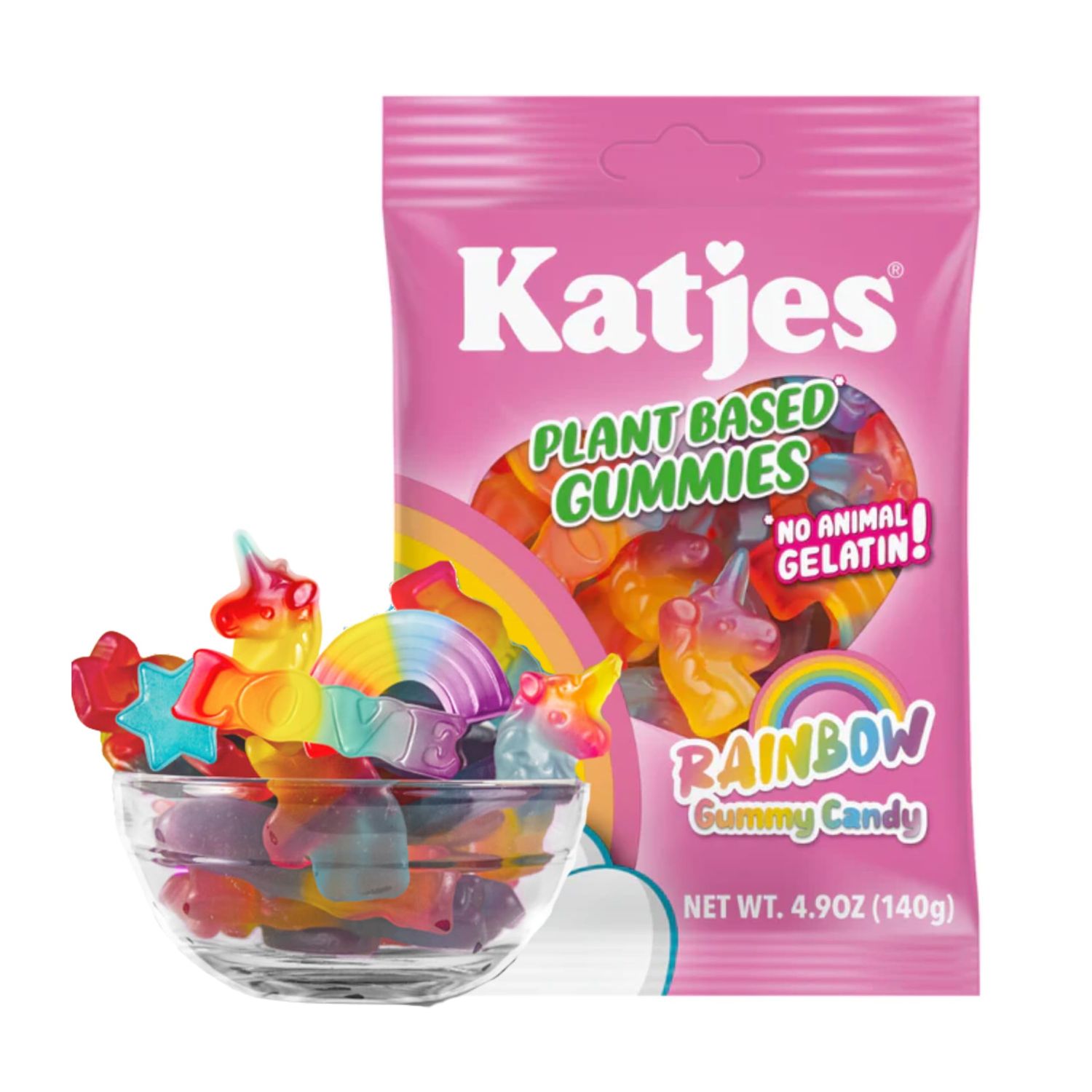 Katjes Plant Based Rainbow Gummy Candy - Cherry, Strawberry, Blueberry &amp; Orange Flavored Gummy Snacks - Palm Oil Free Candy - No Animal Gelatin - No High Fructose Corn Syrup, 4.9oz Reseasable Bag