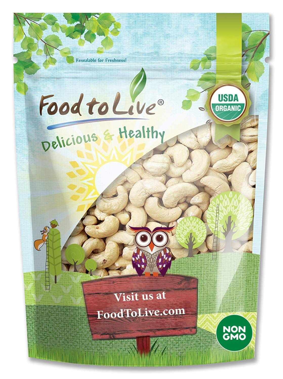 Food to Live Organic Cashews, 2 Pounds - Whole, Size W-240, Unsalted, Non-GMO, Kosher, Raw, Vegan, Bulk