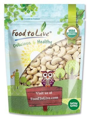 Food to Live Organic Cashews, 2 Pounds - Whole, Size W-240, Unsalted, Non-GMO, Kosher, Raw, Vegan, Bulk