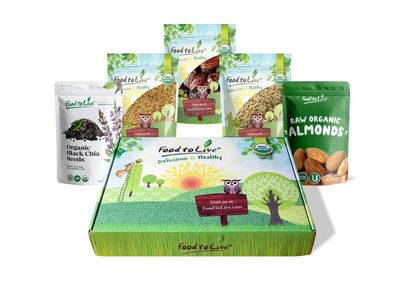 Food to Live Organic Nuts, Seeds and Fruits in a Gift Box A Variety Pack of Almonds, Chinese Hemp Seeds, Medjool Dates, Chia Seeds and Golden Flax Seeds