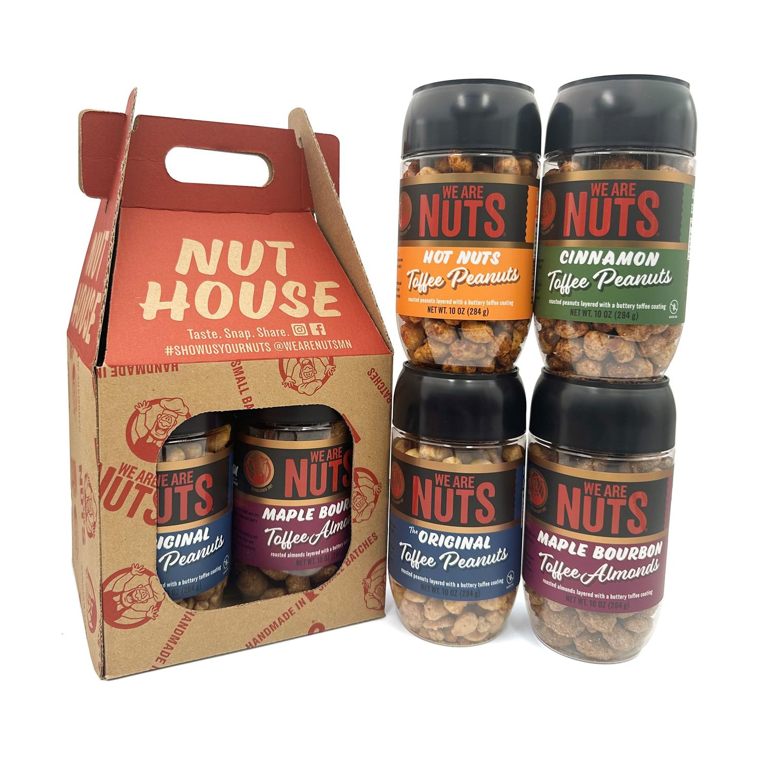 We Are Nuts Toffee Coated Nuts - Nut House Variety Pack: The Original, Hot Nuts, Cinnamon, Maple Bourbon - 4-Pack On The Go Jars (40 oz. Total)