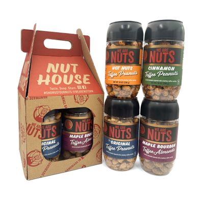 We Are Nuts Toffee Coated Nuts - Nut House Variety Pack: The Original, Hot Nuts, Cinnamon, Maple Bourbon - 4-Pack On The Go Jars (40 oz. Total)