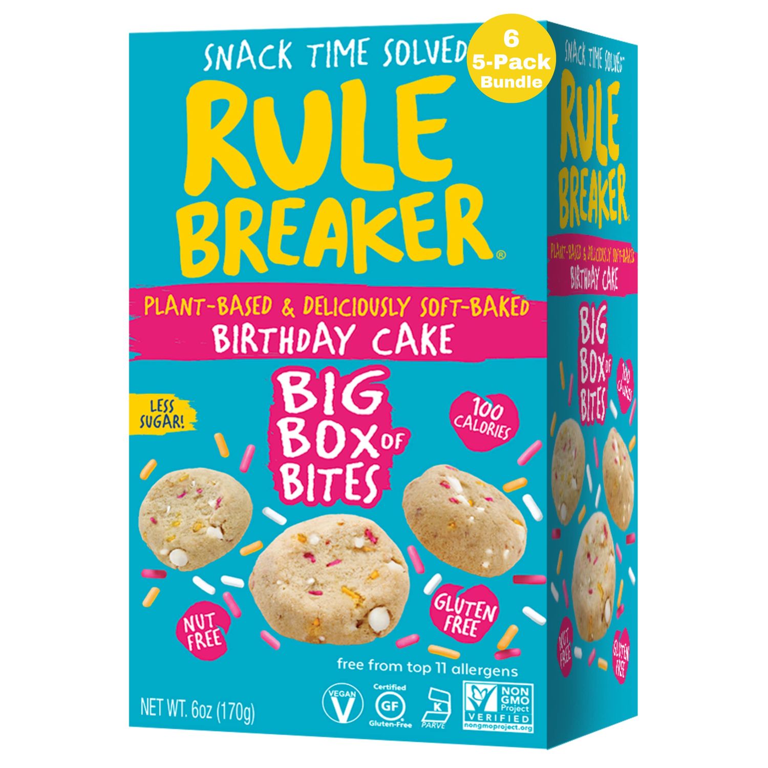 Rule Breaker Snacks Birthday Cake Bites | Vegan, Gluten-Free, Dairy-Free, Nut-Free, Allergen-Free, Soy-Free | Great for School, Lunchbox, Office, Pantry | Pack of 6 Boxes
