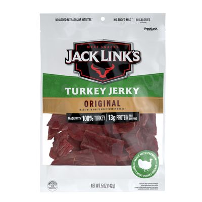 Jack Link&#39;s Turkey Jerky, Original, 5 oz. Sharing Size Bag - Flavorful Meat Snack with 13g of Protein, 80 Calories, Made with 100% Turkey - No Added MSG or NitratesNitrites