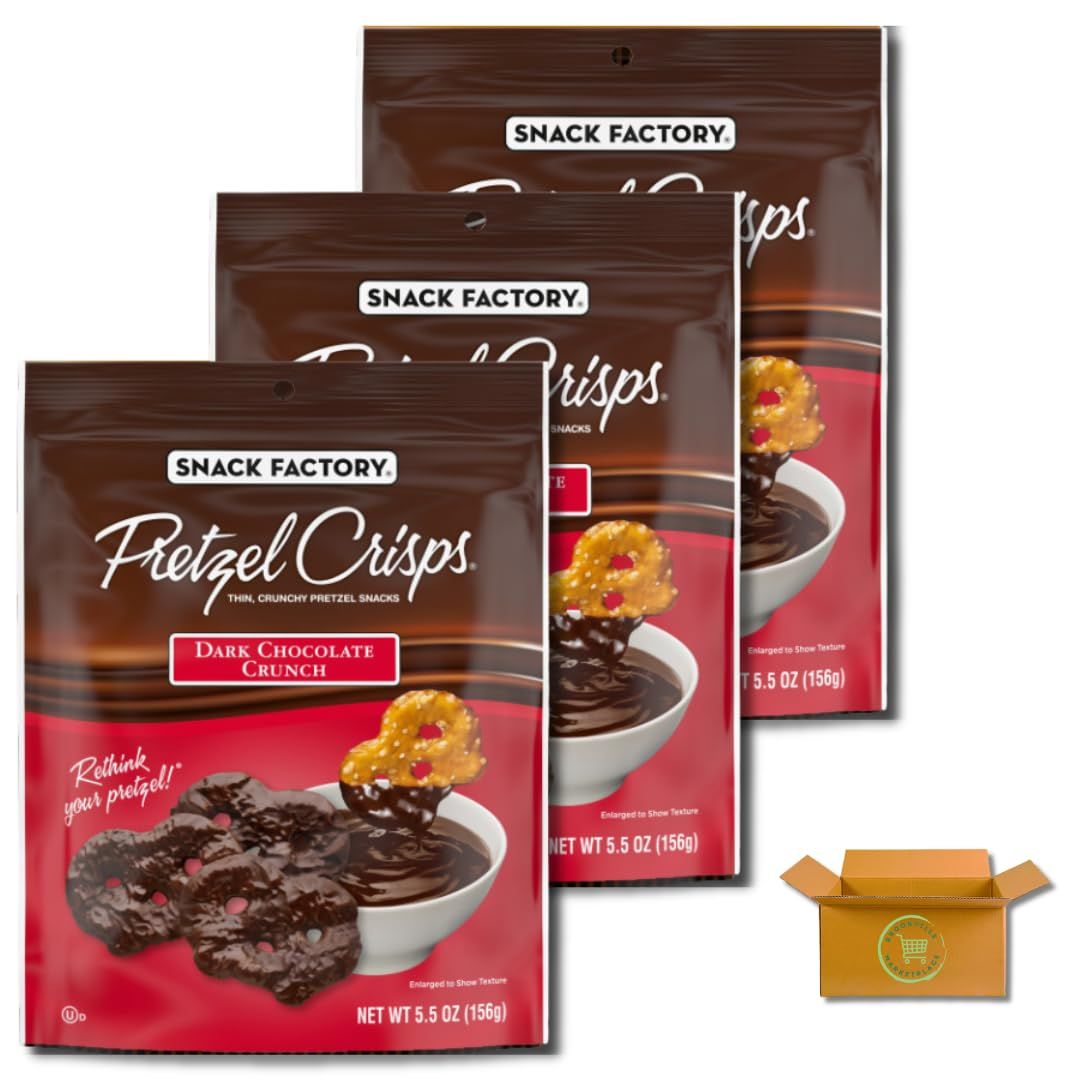 Snack Factory Pretzel Crisps Chocolate Covered, 5.5 oz - Dark Chocolate Crunch, Gluten-Free, Sweet &amp; Salty Snack for Gifts (3-Pack) - Packed by Brookville Marketplace