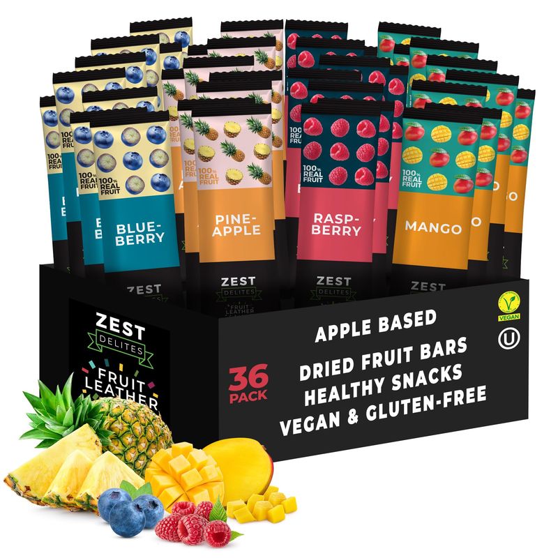 Fruit Snacks by Zest Delites, Fruit Leather, Healthy Snacks for Adults, Dried Fruit Snacks Bulk, Fruit Bars, Vegan Fruit Strips, Apple-Based, Pineapple, Mango, Blueberry, Raspberry, 0.88 oz x 36