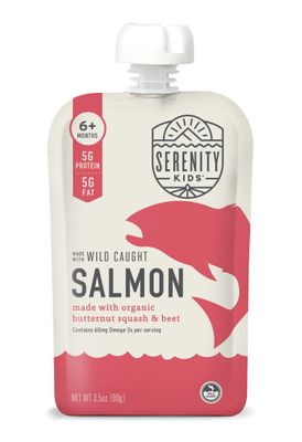 Serenity Kids 6 Month Baby Food Pouches Puree Made wEthically Sourced Meat &amp; Organic Veggies - 3.5 Oz BPA-Free Pouch - Wild Caught Salmon, Butternut Squash, Beet - 12 Count, Baby Puree Salmon Pouch