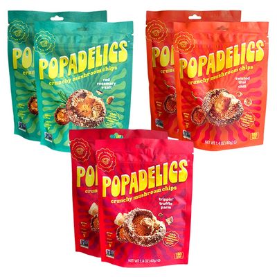 Popadelics Crunchy Mushroom Chips Variety Pack Shiitake Mushroom Crisps, Lightly Cooked and Seasoned, Vegan Chips, Vegan Snacks, Vegan Food, 1.4 oz ea (6 Count)