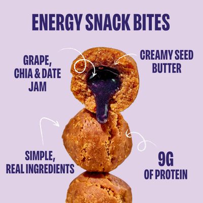 Chia Smash Grape Energy Bites | 5 Gluten-Free Vegan Snack Balls with No Sugar Added | 8g Protein, Superfood Jam, Chia Seeds | On-the-Go Convenience | Peanut Butter & Grape | 8 Packs