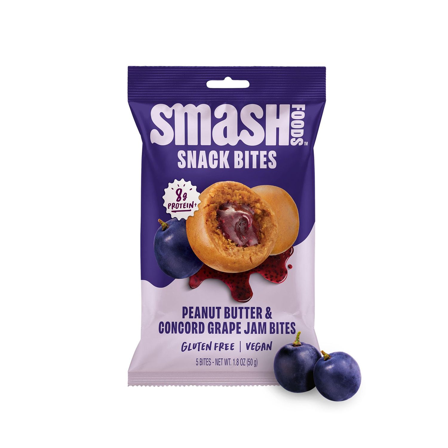 Chia Smash Grape Energy Bites | 5 Gluten-Free Vegan Snack Balls with No Sugar Added | 8g Protein, Superfood Jam, Chia Seeds | On-the-Go Convenience | Peanut Butter &amp; Grape | 8 Packs