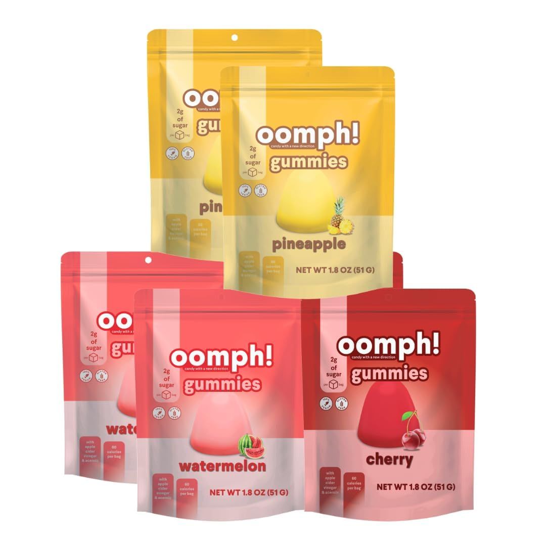 Oomph Sweets High Fiber Gummies, Anti Bloating Gut Cleansing Alternative to Fiber Supplements, Low Sugar Low Carb Low Calorie Skinny Chewable Candies (Variety 6-Pack; Cherry, Watermelon, Pineapple)