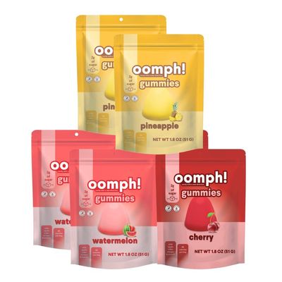 Oomph Sweets High Fiber Gummies, Anti Bloating Gut Cleansing Alternative to Fiber Supplements, Low Sugar Low Carb Low Calorie Skinny Chewable Candies (Variety 6-Pack; Cherry, Watermelon, Pineapple)