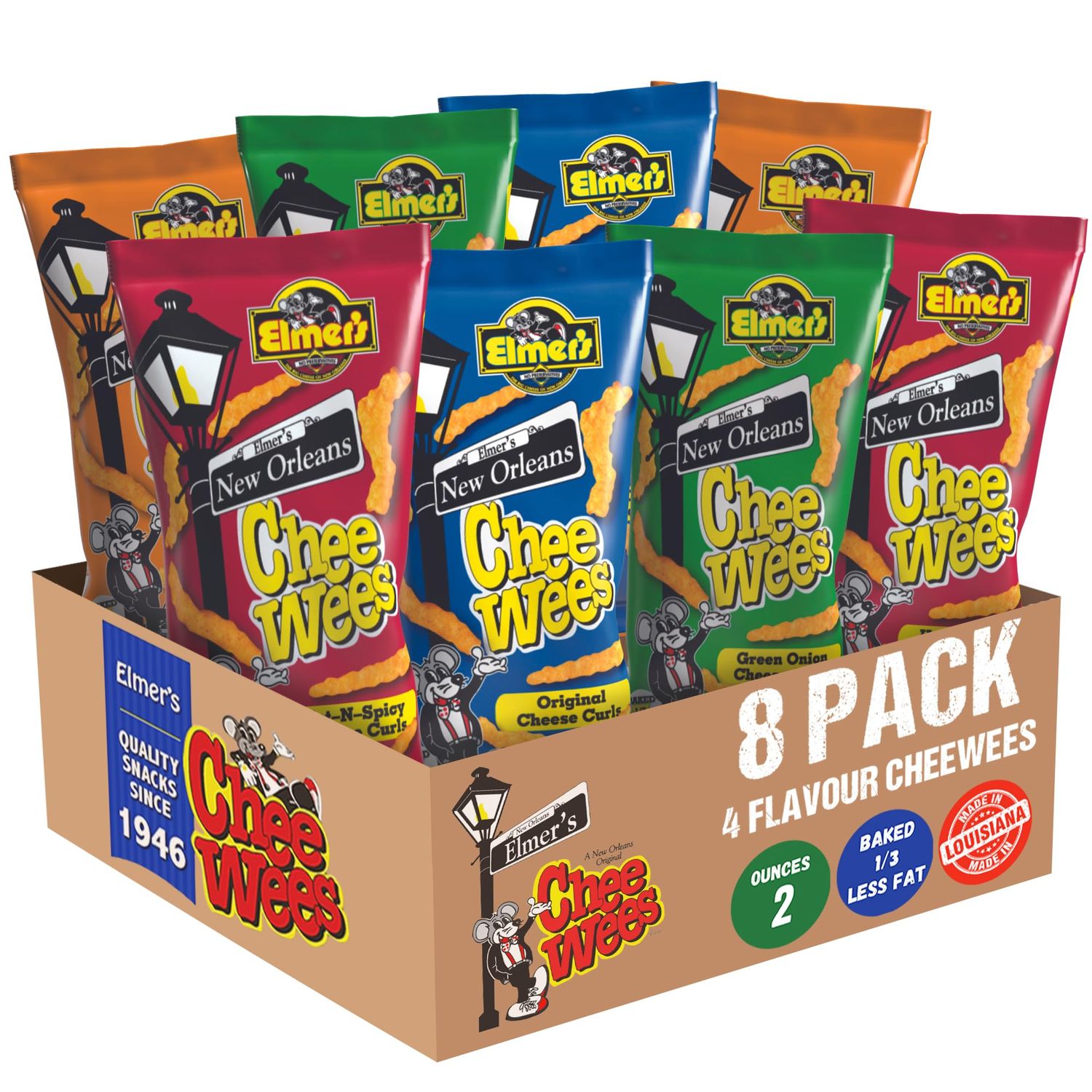 Elmer&#39;s New Orleans Chee-Wee&#39;s, Assorted Flavor: BBQ, Original, Hot-n-Spicy, and Green Onion, Variety 8 Pack (2oz)