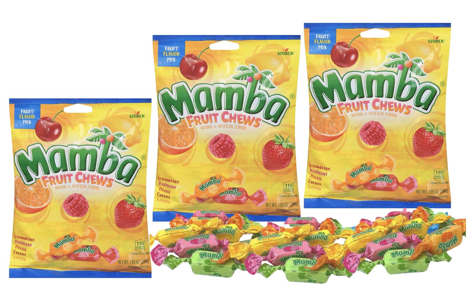 Fruit Chews Candy | Mamba Fruit Flavor Mix - Strawberry, Rasberry, Orange, Cherry, Lemon (3.52 Oz) 3 Bags | Great for Holidays, Birthday party, Halloween Trick Treat,Christmas Candy