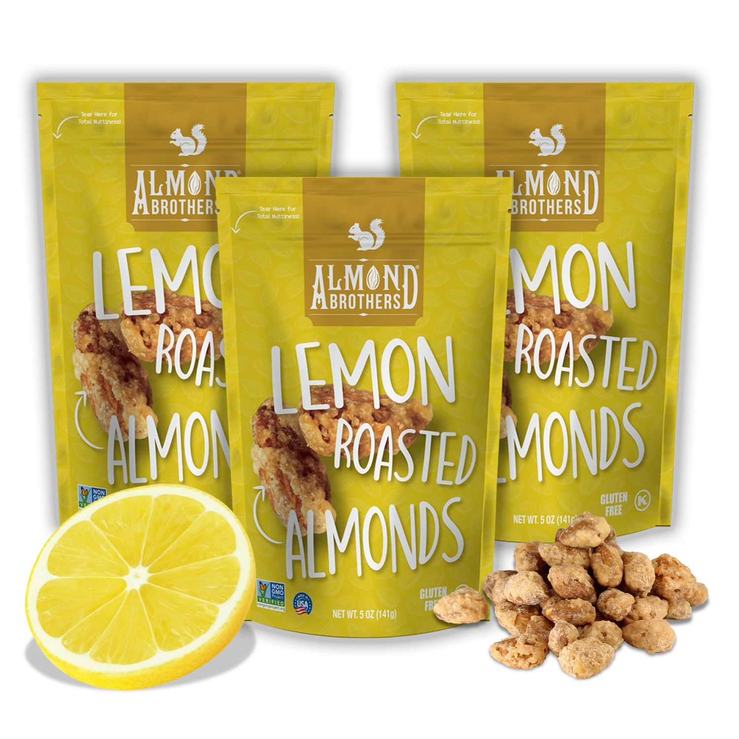 Almond Brothers Roasted Almonds - Hand Crafted Lemon Glazed Almonds, Gluten-Free, Non-GMO, Candied Almonds, Gourmet Almonds Snack - Lemon Roasted Almonds, (5 Ounce, Pack of 3)