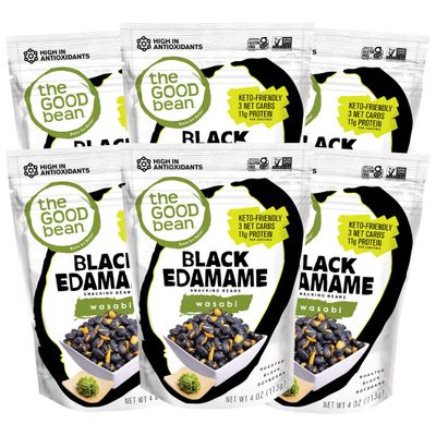 The Good Bean Black Edamame Snacking Beans - Wasabi - (6 Pack) 4 oz Resealable Bag - Roasted Black Soybeans - Keto-Friendly Snack with Good Source of Plant Protein and Antioxidants