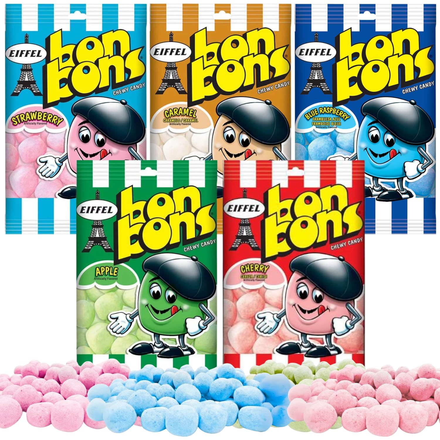 Eiffel Bon Bons Variety 5 Pack - Strawberry, Blue Raspberry, Apple, Cherry, Caramel - 4 oz bags Gift Assortment Set - Chewy French Candy Snack - Enjoyed by All for Over 20 years