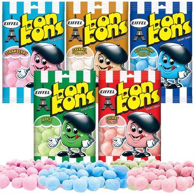 Eiffel Bon Bons Variety 5 Pack - Strawberry, Blue Raspberry, Apple, Cherry, Caramel - 4 oz bags Gift Assortment Set - Chewy French Candy Snack - Enjoyed by All for Over 20 years
