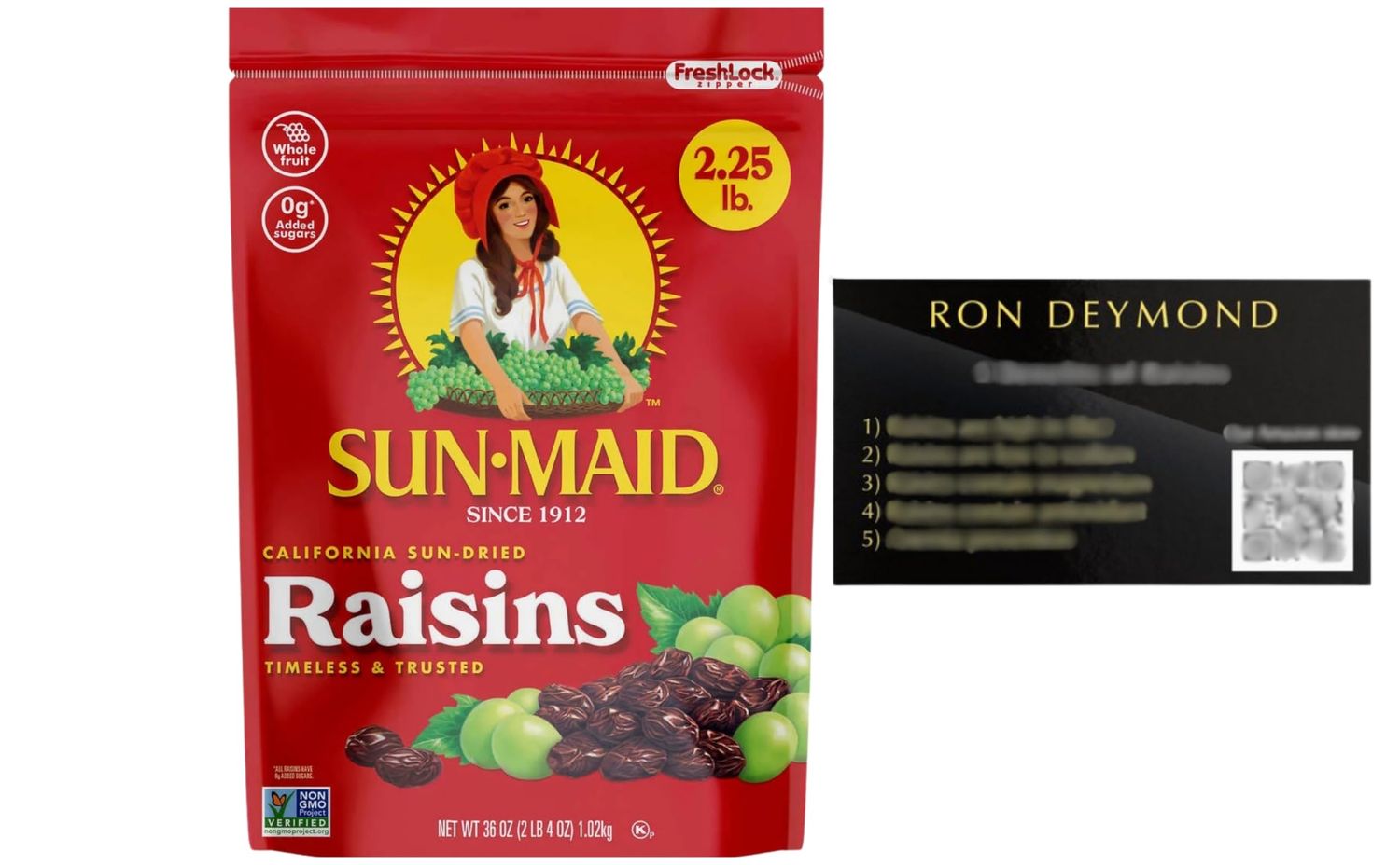 Sun-Dried Raisins - 36 oz Resealable Bag - Dried Fruit Snack for Lunches, Snacks, and Natural Sweeteners with RON DEYMOND card