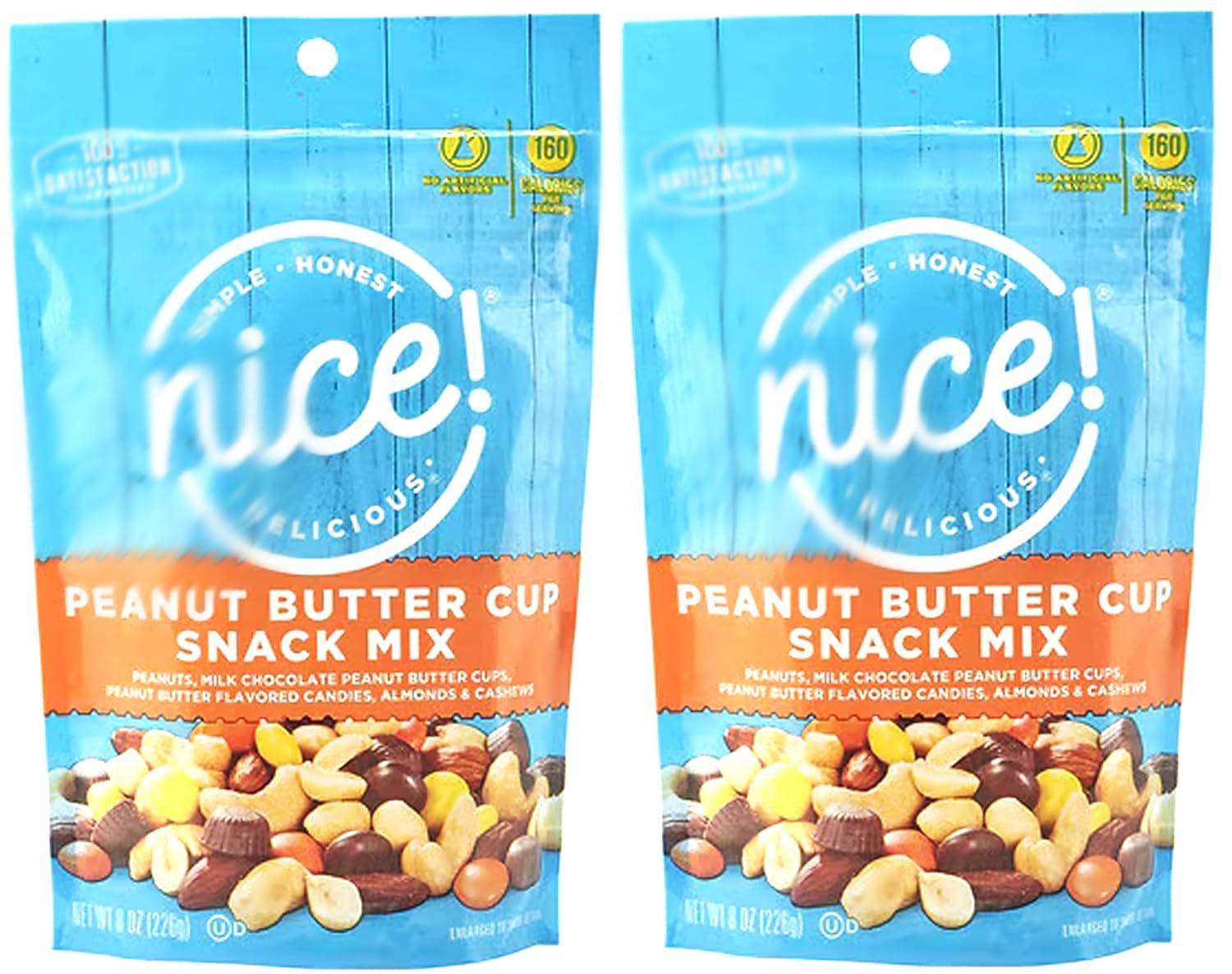 Peanut Butter Lover&#39;s Nice Trail Mix - Peanuts, Milk Chocolate PB Cups, Flavored Candies, Almonds Cashews, 8oz Snack Snacking Food Dessert Treat Bag - 2 Pack
